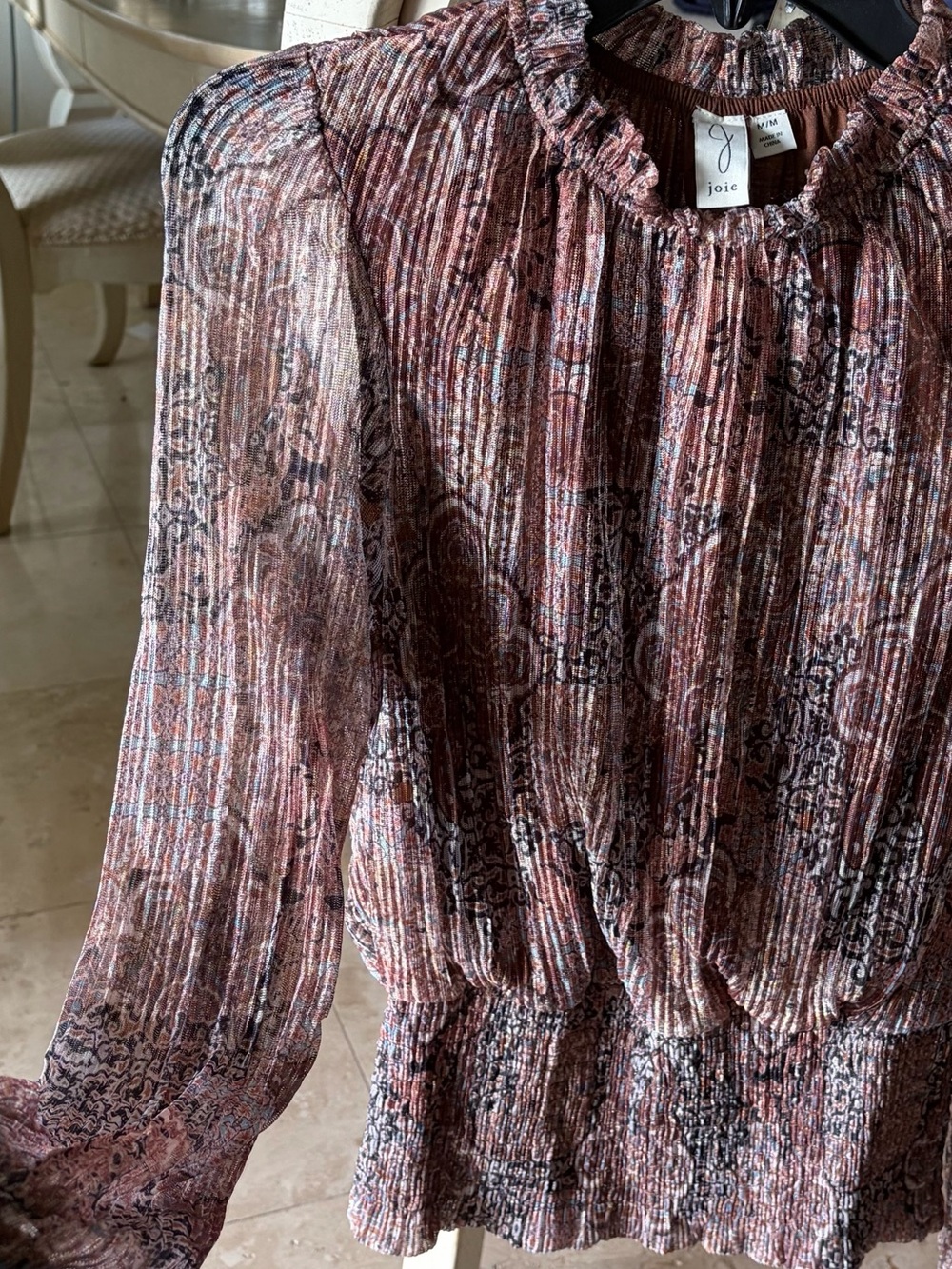 Joie Brown shimmer Multi-Print Pleated Ruffle-Neck Blouse women’s Size Medium